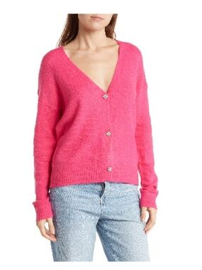 Vibrant Pink V-Neck Button-Front Cardigan Sweater